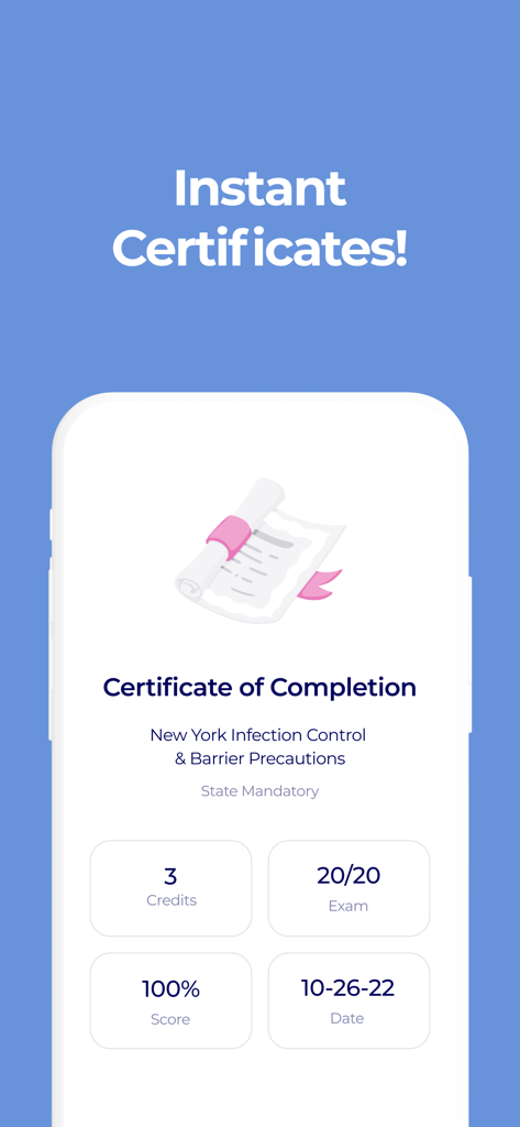 New York Infection Control CE - A digital certificate of completion from the New York Infection Control CE app showing a 100 percent exam score and course credits