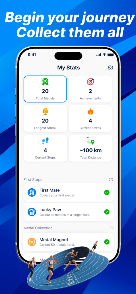 MoveTrack: Walk Run Cycle - MoveTrackアプリのダッシュボード。メダル、連続記録、歩数、総距離を含むフィットネス統計を表示しています。