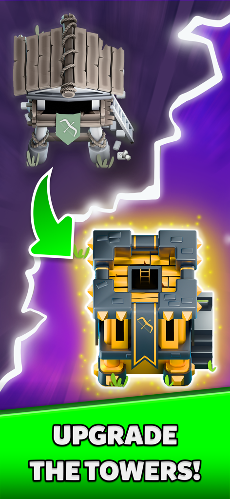 A basic wooden tower being upgraded into a powerful golden defensive structure