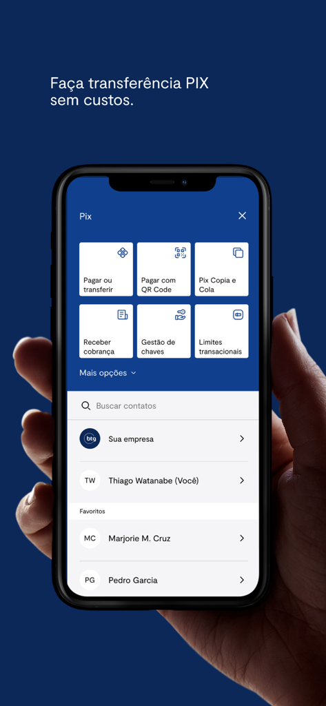 Interface do aplicativo móvel para realizar transferências Pix gratuitas através do aplicativo bancário BTG Pactual Empresas
