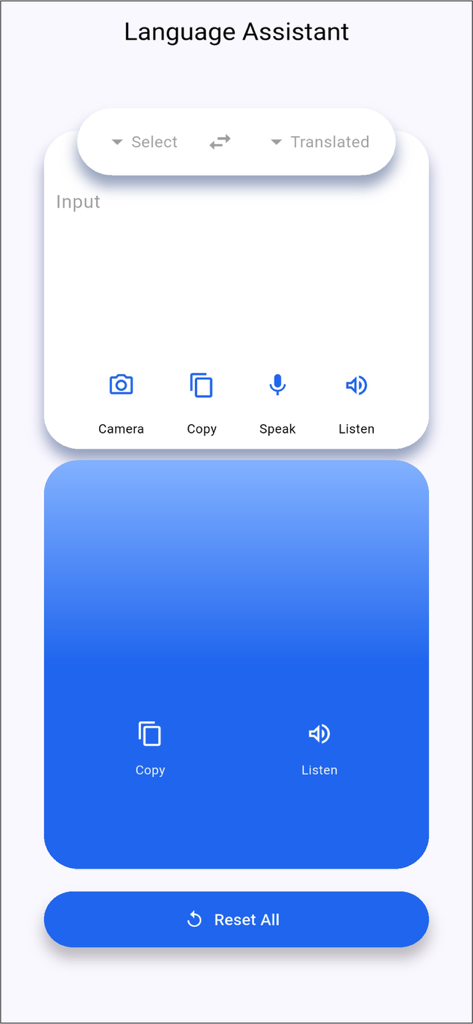 Interface of the language assistant feature in the Indian Visa Su-Swagatam app showing translation and voice input tools