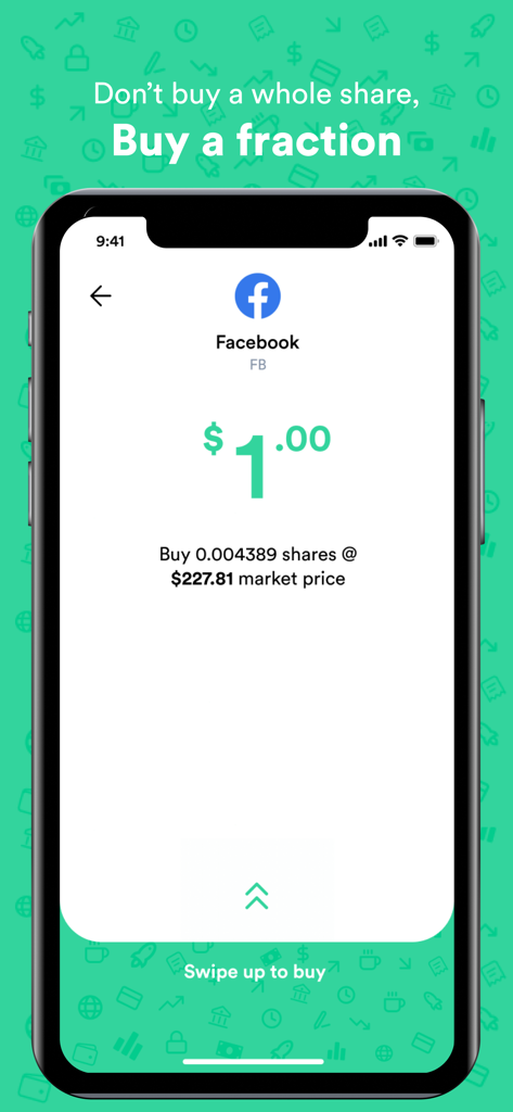 Gotrade - Invest in US stocks - Gotradeモバイルアプリのインターフェース。Facebookの分割株式に1ドル投資を表示。