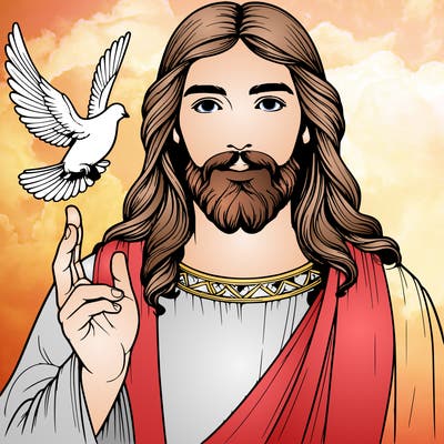 realistic jesus with a beautiful dove flying above him