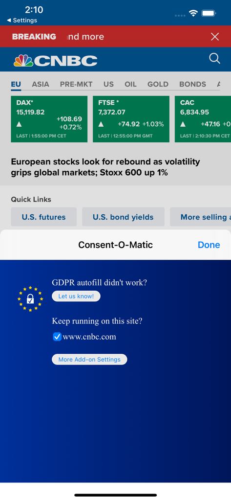 Consent-O-Matic browser extension interface on an iPhone showing GDPR privacy controls over a news website.