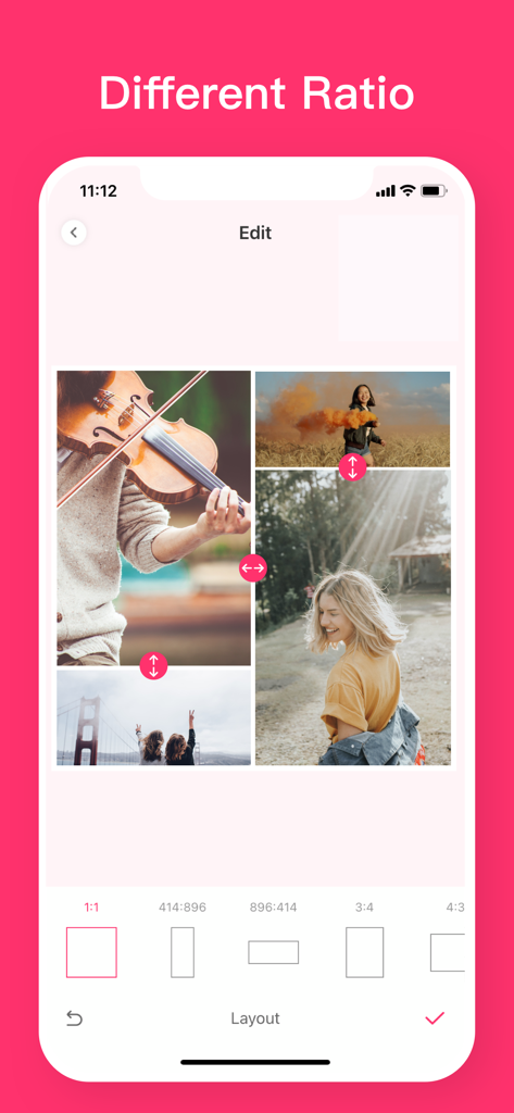 Video Collage App - ビデオコラージュレイアウト用の1:1や3:4などのさまざまなアスペクト比オプションが表示されたVidGrid編集インターフェースを示すモバイルアプリ画面。
