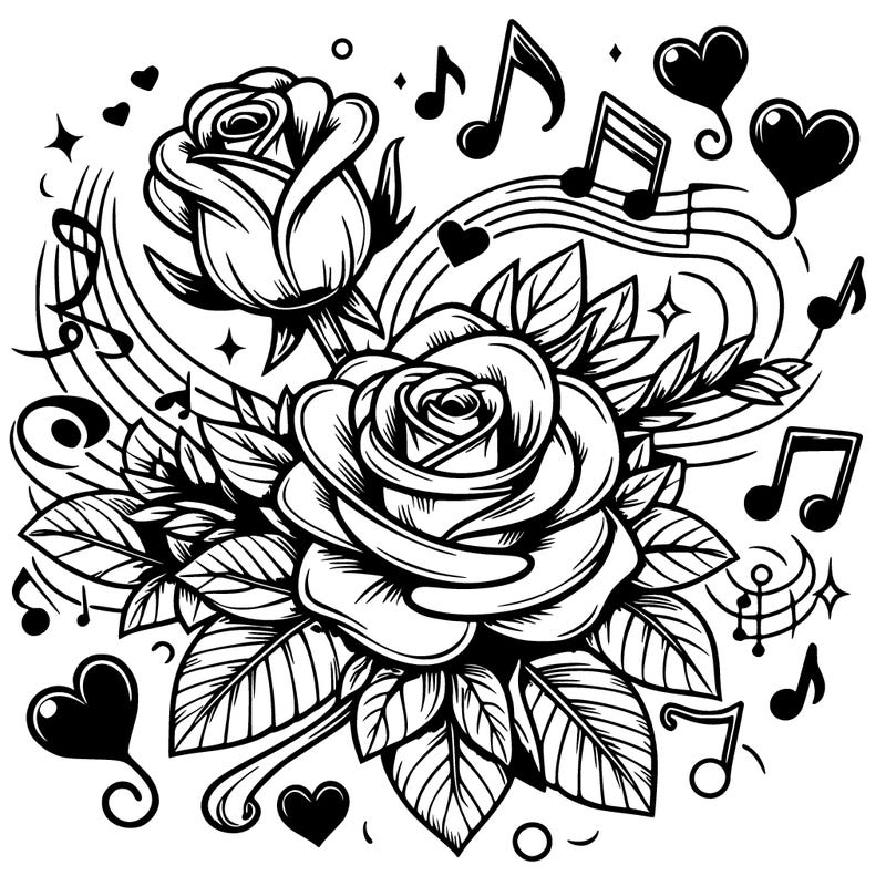 realistic roses with music and hearts