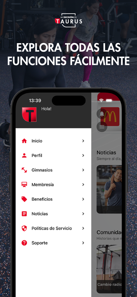 Taurus - Smartphone screen showing the navigation menu for the Taurus sports membership app.