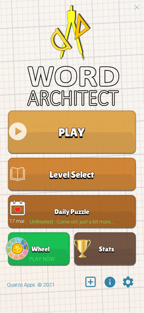 Word Architect - Word Architect 앱의 메인 메뉴 화면. 격자 배경에 플레이 레벨 선택 및 일일 퍼즐 버튼이 특징입니다.