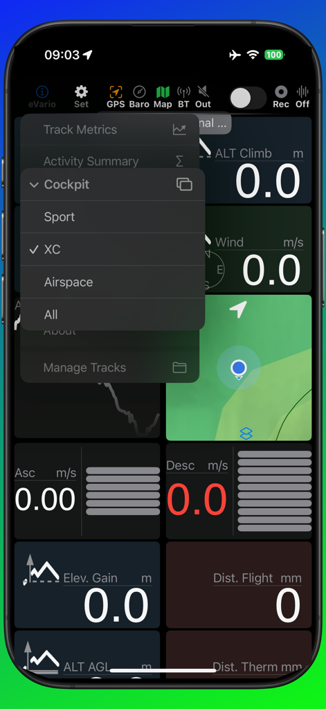 eVario2  - Variometer Pro - Panel de instrumentos de vuelo eVario2 que muestra las opciones del menú modo XC.