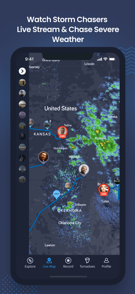 Live map interface showing storm chaser locations and weather radar in the Highways and Hailstones app
