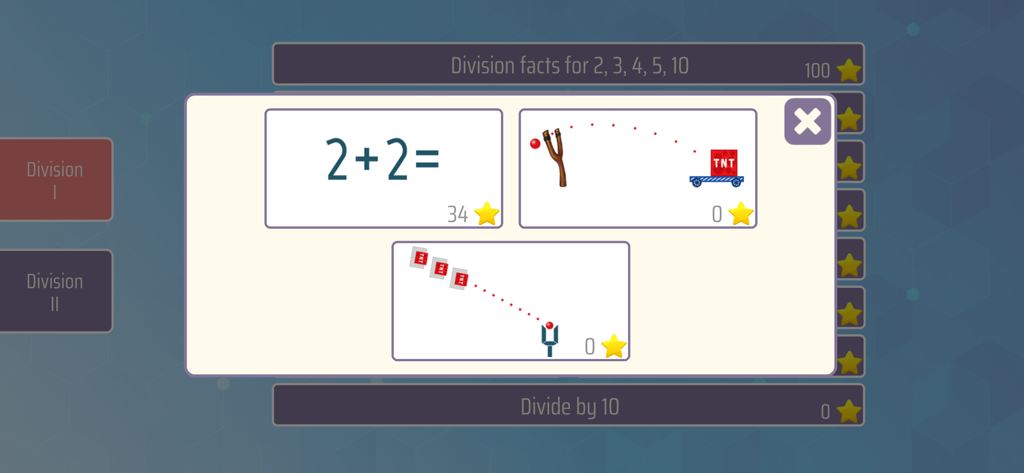 Math Shot Division - A menu in the Math Shot Division app displaying three game modes including a simple math equation and slingshot arcade challenges.