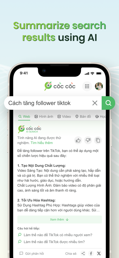 Captura de tela do aplicativo móvel do navegador Cốc Cốc mostrando seu recurso de resumidor de pesquisa com IA fornecendo uma resposta concisa a uma consulta de pesquisa.