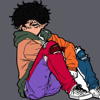 a male hoddie ripped jeans messy hair anime
