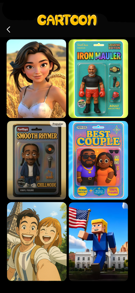 Pose: AI Photo Video Generator - Una cuadrícula de filtros de fotos generados por IA de estilo caricatura y de juguete, incluyendo figuras de acción y estilos de anime