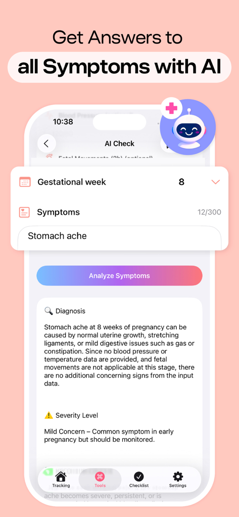 Pregnancy Tracker, Due Date - Interfaz del verificador de síntomas con IA en una aplicación de seguimiento del embarazo que muestra un diagnóstico de salud.