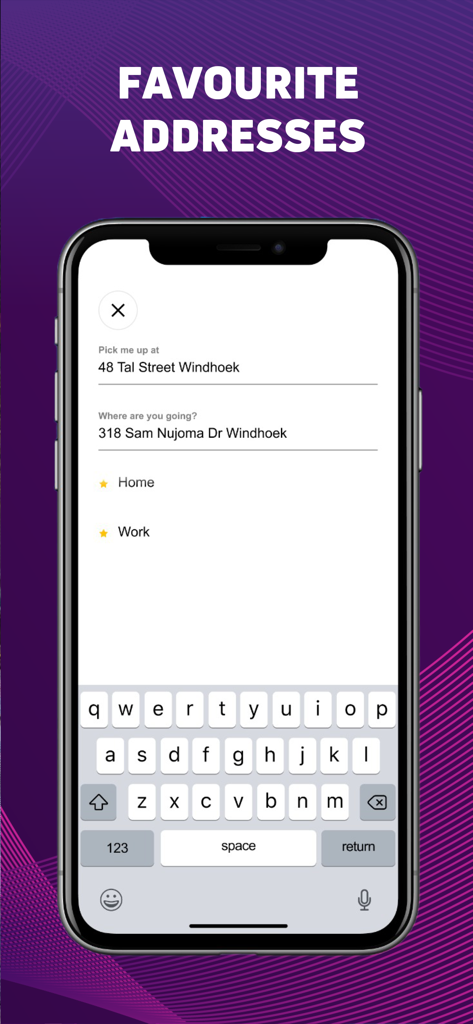 LEFA Namibia - LEFA Namibia app favorite addresses screen showing pick up and destination fields in Windhoek
