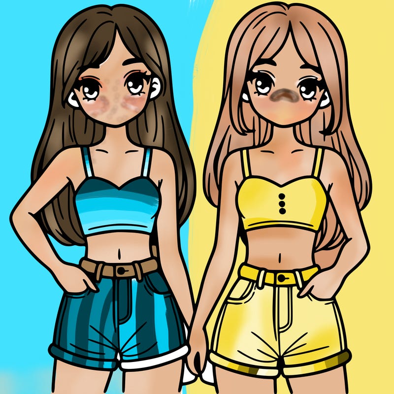 two sisters with crop tops and jean shorts and straight hair