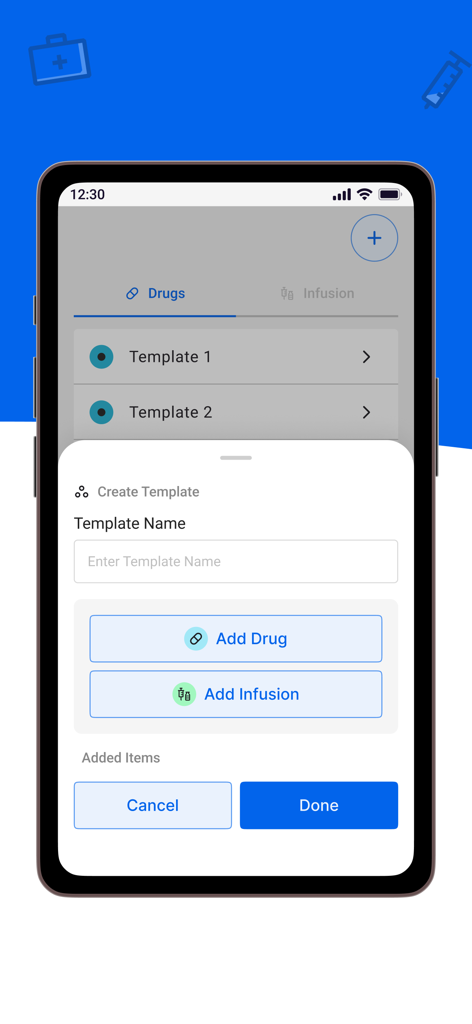 Dr. Med - Made Easy - Interface mobile de l'application Dr. Med montrant la fenêtre popup Créer un modèle avec des options pour ajouter des médicaments et des perfusions