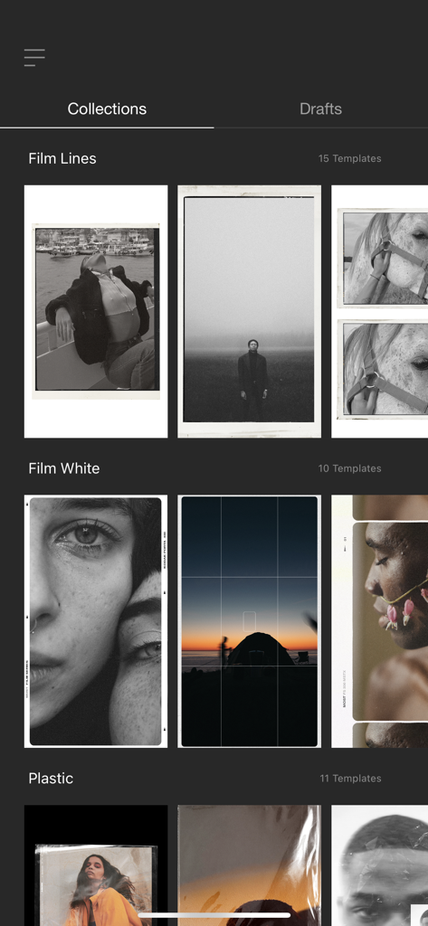 Most: Aesthetic Story Editor - Uma coleção de templates de stories com textura de filme e plástico estético na interface do aplicativo Most.