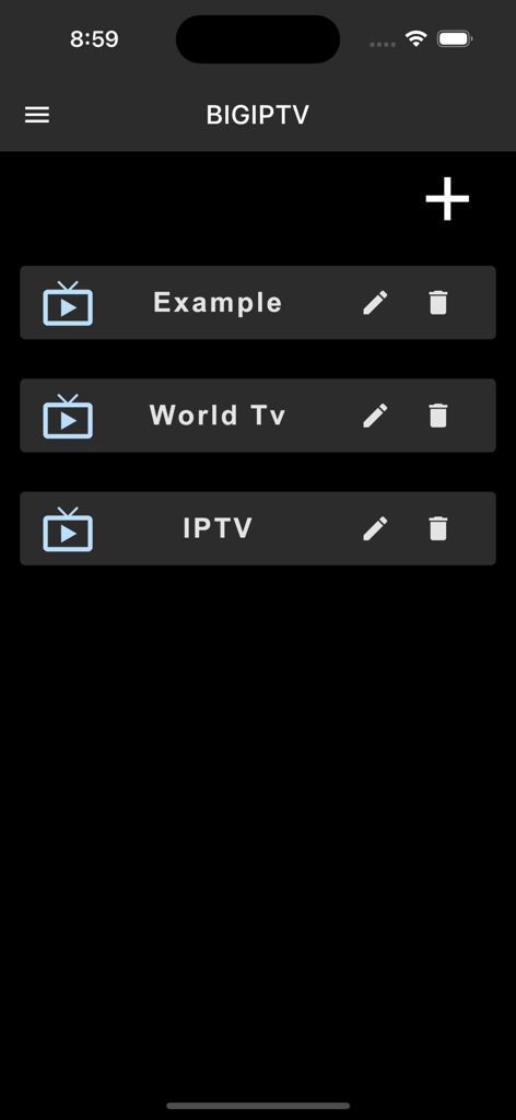 BIG IPTV(M3U Player) - Main dashboard of BIG IPTV app showing a list of saved M3U playlists