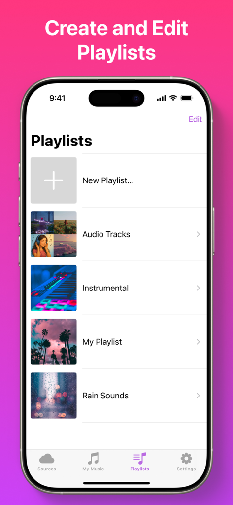 Interfaccia di gestione delle playlist nell'app Lettore Musicale Offline Mix che mostra un elenco di raccolte musicali personalizzate su un iPhone