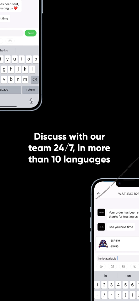 W.STUDIO B2B app interface featuring 24/7 customer support chat in multiple languages