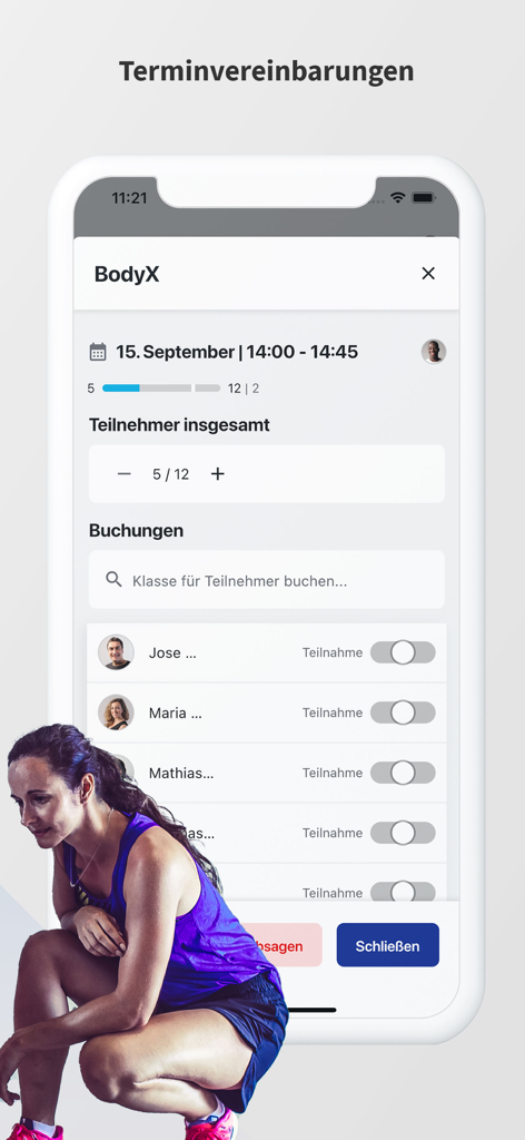 Magicline - Magicline app interface showing class schedule and member booking details.