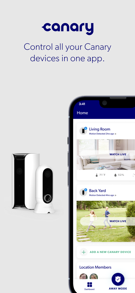Canary - Smart Home Security - Canary Smart-Home-Sicherheits-App-Dashboard mit Live-Video-Feeds für Wohnzimmer und Hinterhof mit Daten von Home-Health-Sensoren