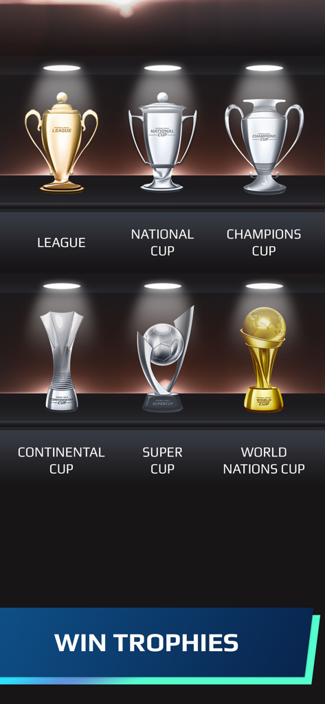 A collection of six football trophies from various competitions in the Football Rivals soccer game.