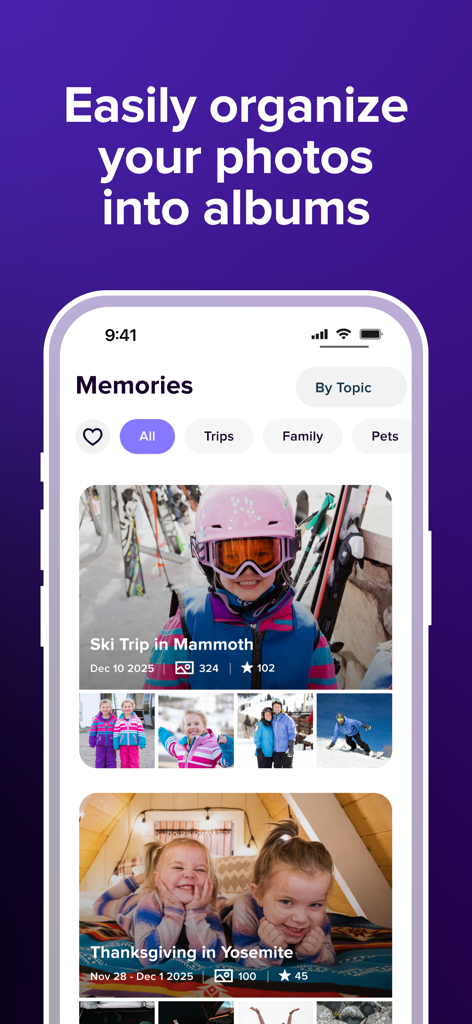 Mixbook | Photo Book Creator - Interface of the Mixbook app showing organized photo albums under a Memories section including trips and family events