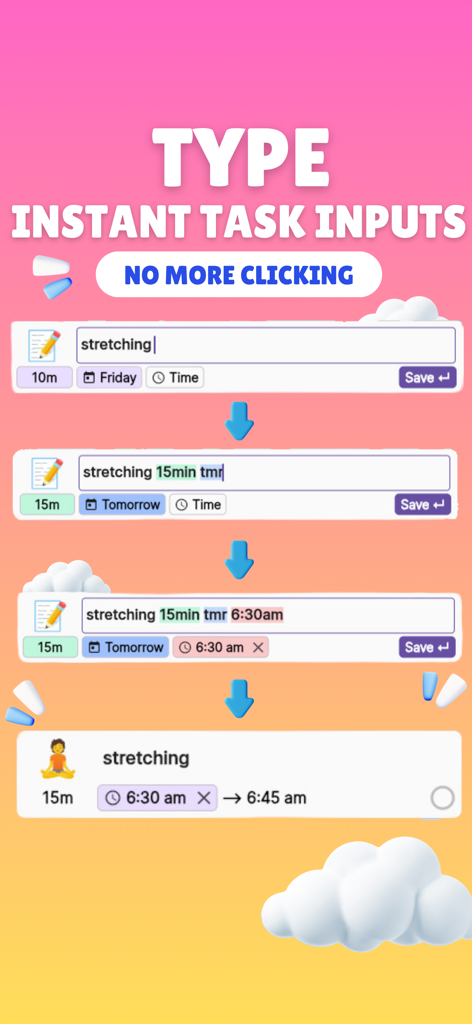 ChronoCat app interface demonstrating natural language parsing to quickly type and schedule a stretching task with automatic emoji generation