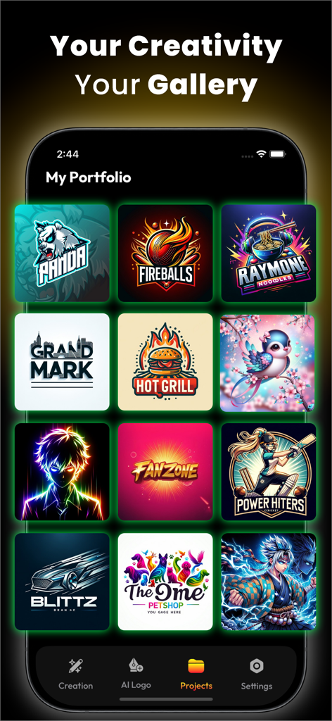 Arvine AI Logo Maker & Creator - A portfolio gallery in the Arvine AI Logo Maker app displaying various professional AI-generated logos for esports, food, and business brands.