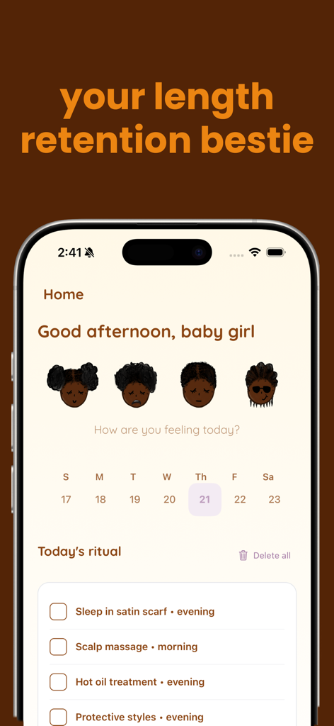 type4hair - Home screen of the type4hair app showing a daily hair care ritual checklist with tasks like scalp massage and hot oil treatment.
