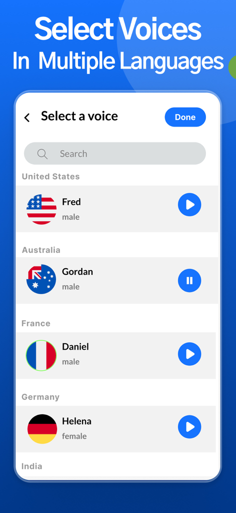 Read Aloud TTS: Text to Speech - Interface of the Read Aloud TTS app showing a selection of natural voices in multiple languages including English, French, and German with country flags.