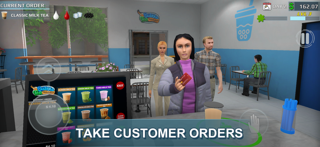 Bubble Tea Revolution - A player taking a customer's order at the counter in the Bubble Tea Revolution 3D simulation game