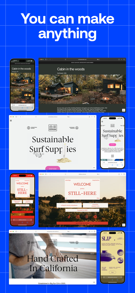 Una raccolta di design di siti web professionali per negozi e blog visualizzati su schermi mobili e desktop.