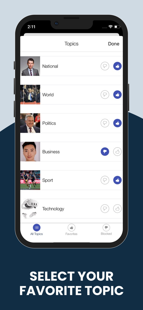 Oberfläche der Australien Lokale und Weltnachrichten-App, die Optionen zur Auswahl und Anpassung von Nachrichtenthemen wie Nationale Weltpolitik und Sport zeigt