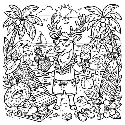 Embrace the sunny vibes with this charming Arctic Reindeer coloring page, featuring our favorite festive friend enjoying a tropical beach vacation. Get ready to add vibrant colors to palm trees, ocean waves, delicious treats, and a very happy reindeer.