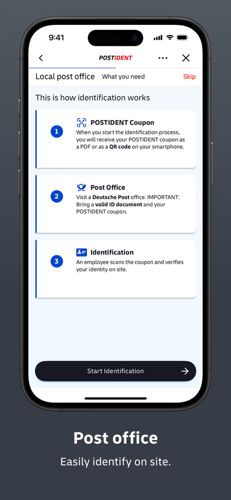 POSTIDENT - Passaggi per la verifica dell'identità presso un ufficio postale locale nell'interfaccia dell'app POSTIDENT.