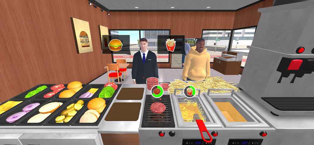 First-person view of cooking burgers and fries in a realistic 3D restaurant simulator.