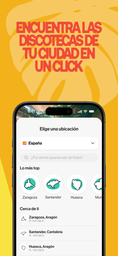 NYXELL mobile app interface showing the nightclub discovery screen with options to select cities and find clubs nearby