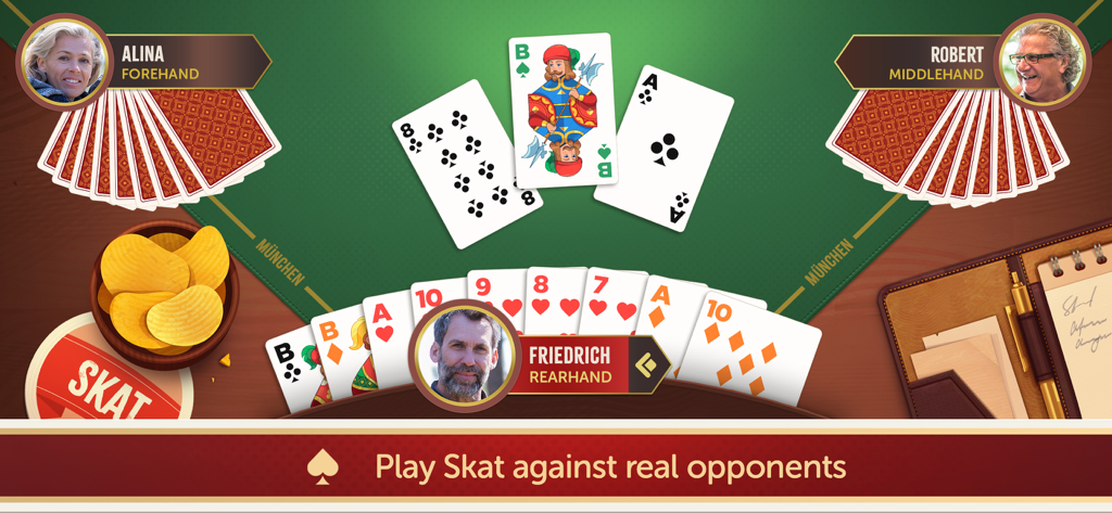 Skat Treff: Werde Skat Meister - 실제 상대와의 경쟁적인 3인 카드 게임 매치를 보여주는 Skat Treff 모바일 앱 인터페이스