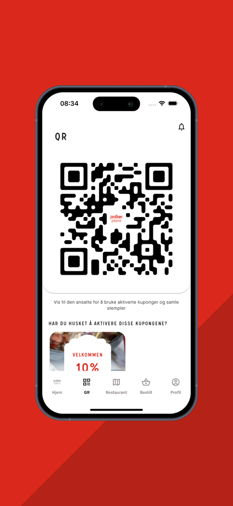 Jordbærpikene - Jordbaerpikene App-Oberfläche mit einem QR-Code für Treueprämien und einem Willkommensrabatt von zehn Prozent