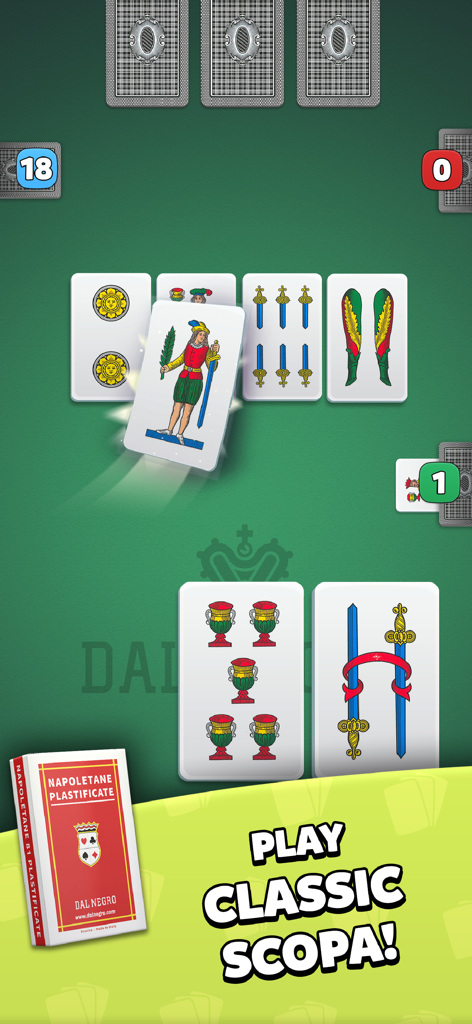 Scopa Dal Negro - Gioco ufficiale Scopa Dal Negro che mostra carte tradizionali italiane su un tavolo verde