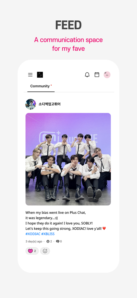 Plus Chat for K-POP - Una publicación de un fan en el feed de la comunidad de Plus Chat para K-POP con una foto del grupo XODIAC