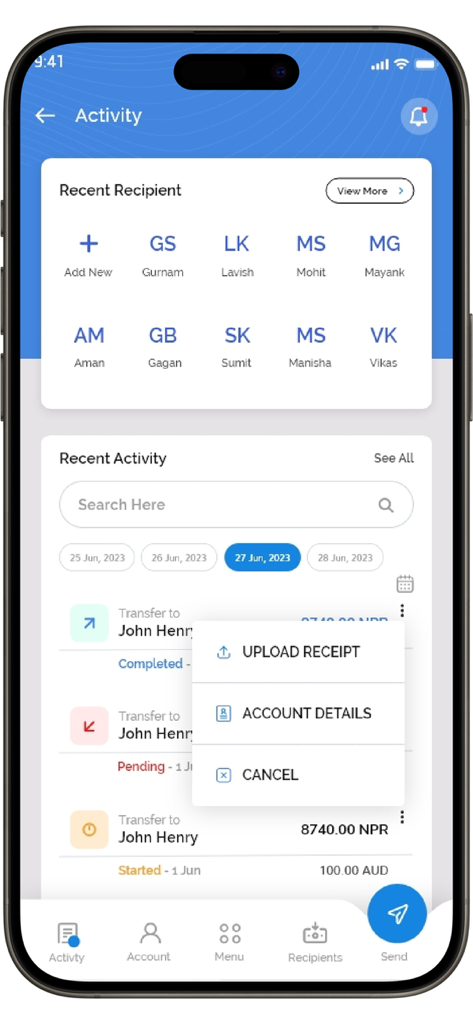 Schermata delle attività dell'app Nepal Paisa che mostra i destinatari recenti e la cronologia dei trasferimenti di denaro