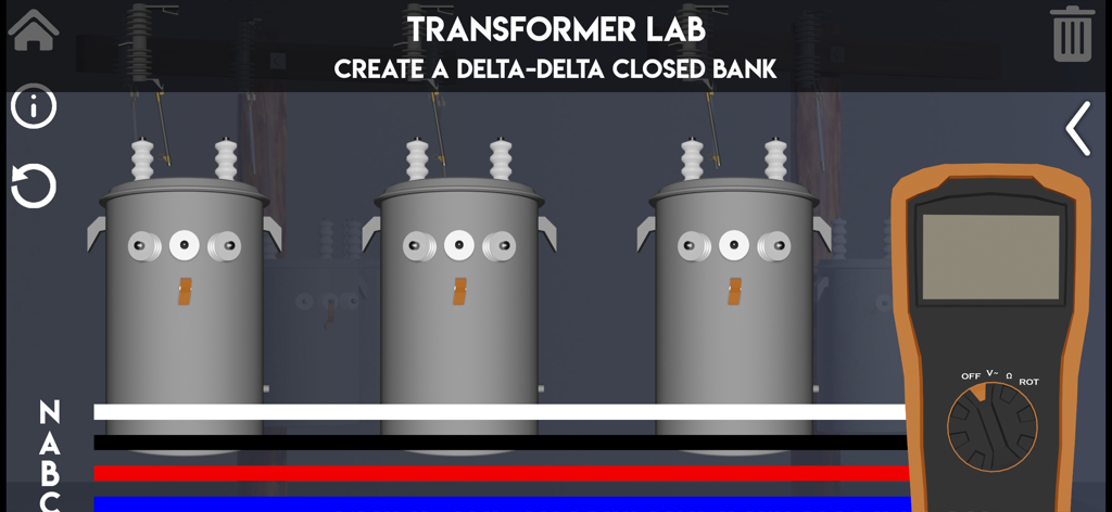 A digital simulation interface of a transformer lab showing three gray transformers and a multimeter for creating a delta delta closed bank.