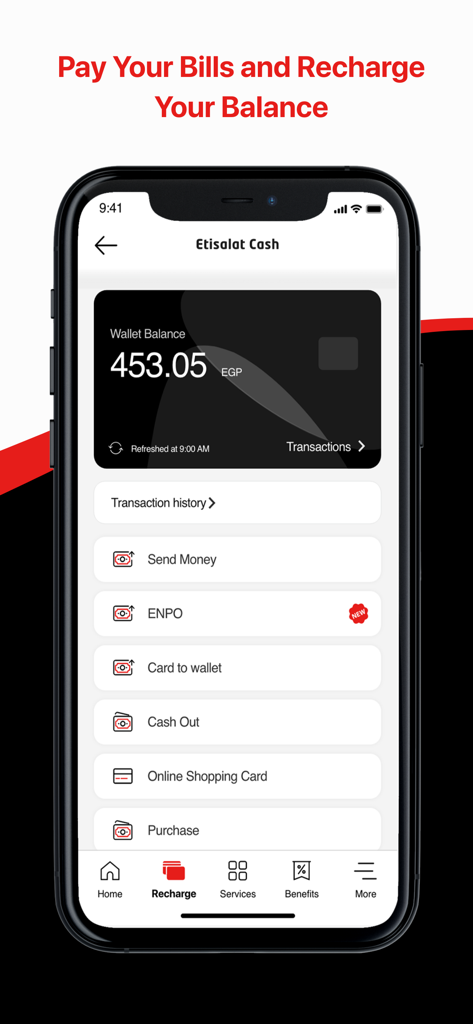 Tela do aplicativo My e& mostrando o saldo da carteira Etisalat Cash e serviços de pagamento