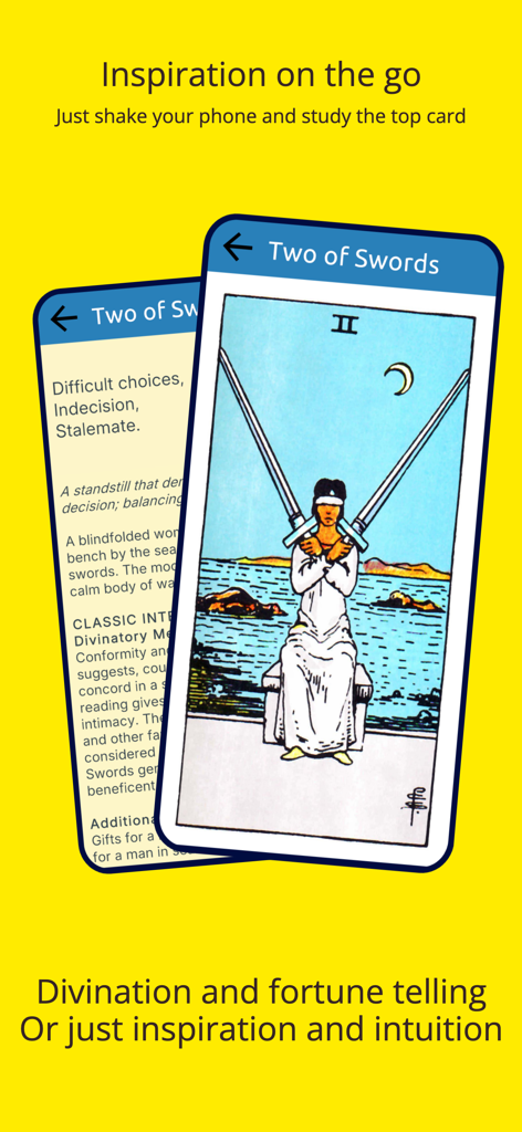 My Tarot Deck - Interfaccia dell'app My Tarot Deck che mostra la carta Due di Spade e il suo testo di interpretazione dettagliato.