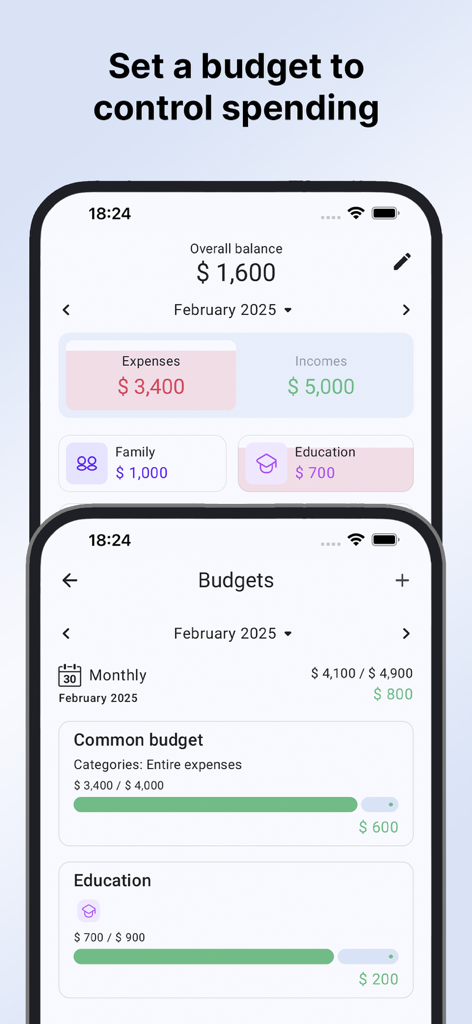 Mony: Budget & Expense Tracker - Interface of the Mony app showing balance tracking and progress bars for different budget categories